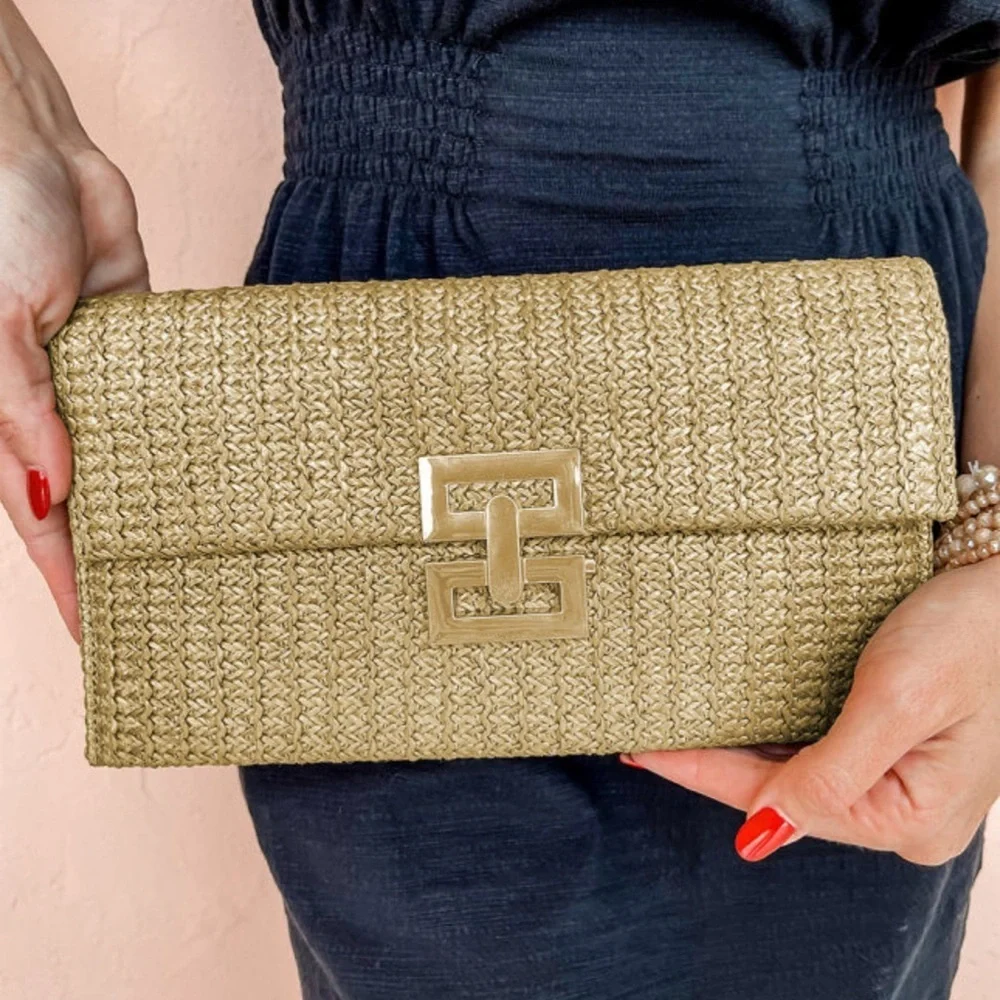 Bohemian Straw Weave Gold Hardware Clutch Purse